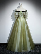 Light Green Tulle with Lace A Line Long Prom Dress, Light Green Prom Dress