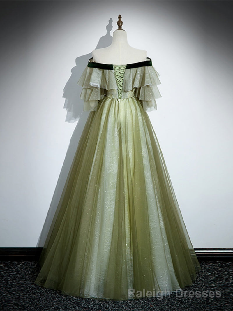 Light Green Tulle with Lace A Line Long Prom Dress, Light Green Prom Dress