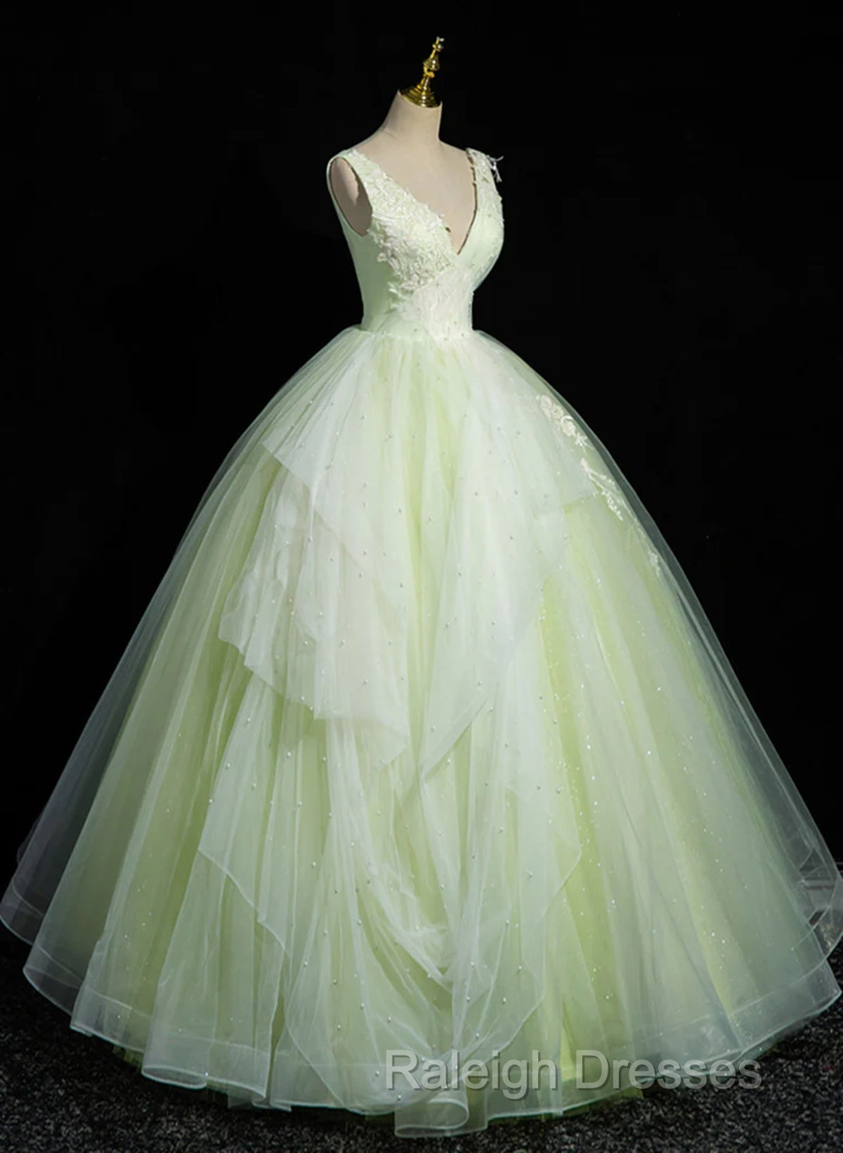 Light Green V-Neckline Tulle Long Party Dress, Light Green Sweet 16 Dress Secondary image