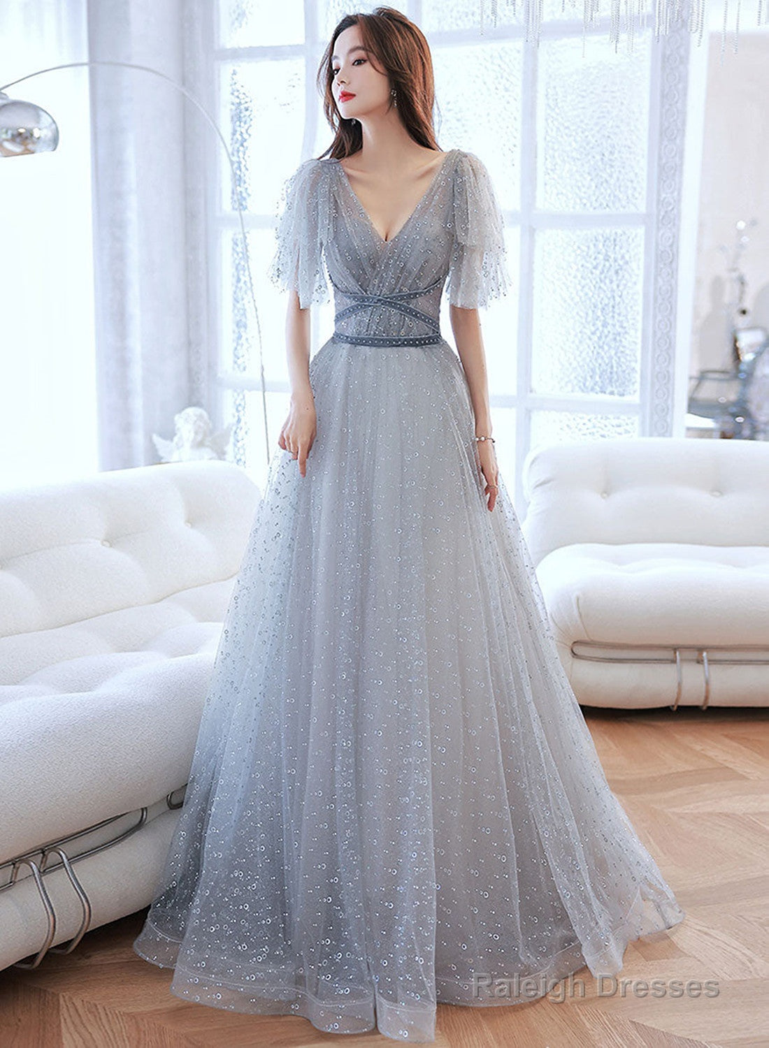 Light Grey A-Line Tulle Long Evening Dress Prom Dress, V-Neckline Party Dress Main image