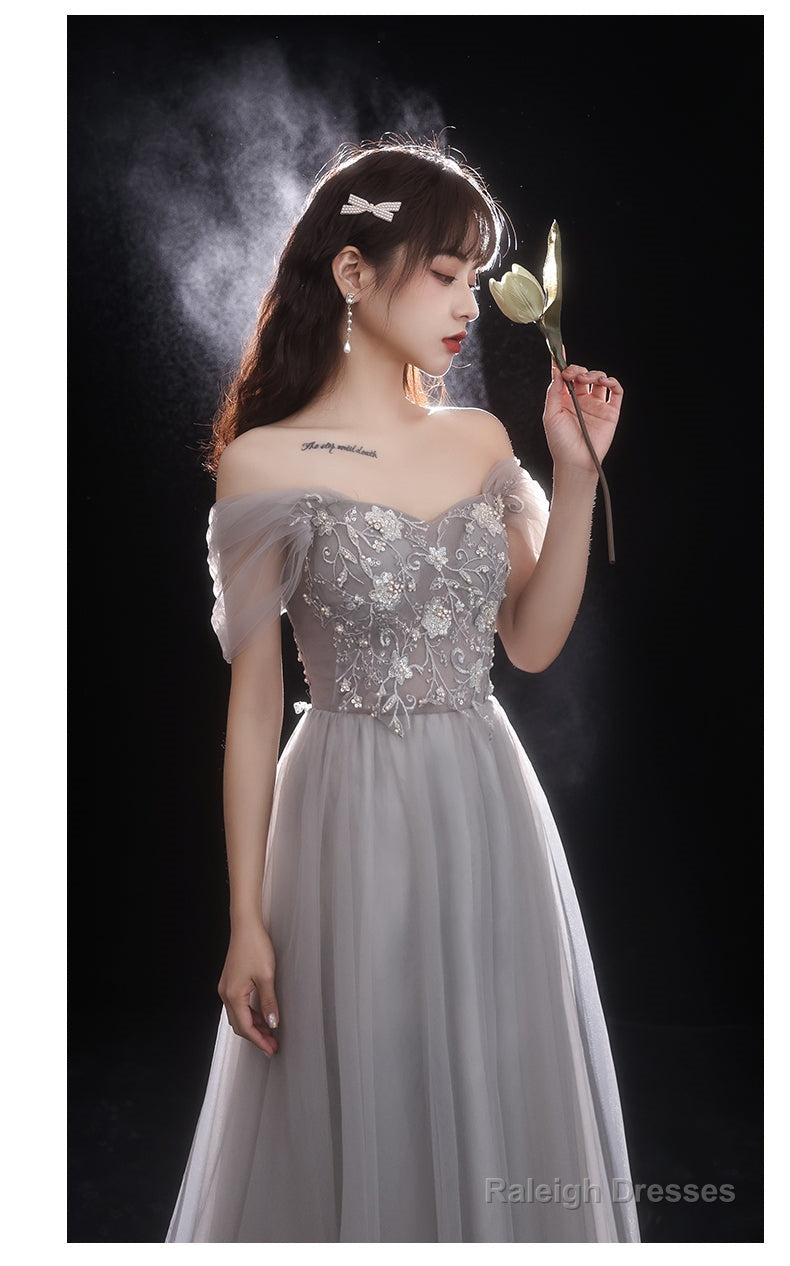 Light Grey Beaded Off Shoulder Tulle A-Line Junior Prom Dress, Grey Long Evening Dress