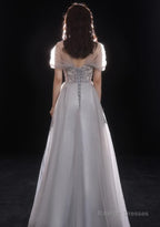 Light Grey Beaded Off Shoulder Tulle A-Line Junior Prom Dress, Grey Long Evening Dress