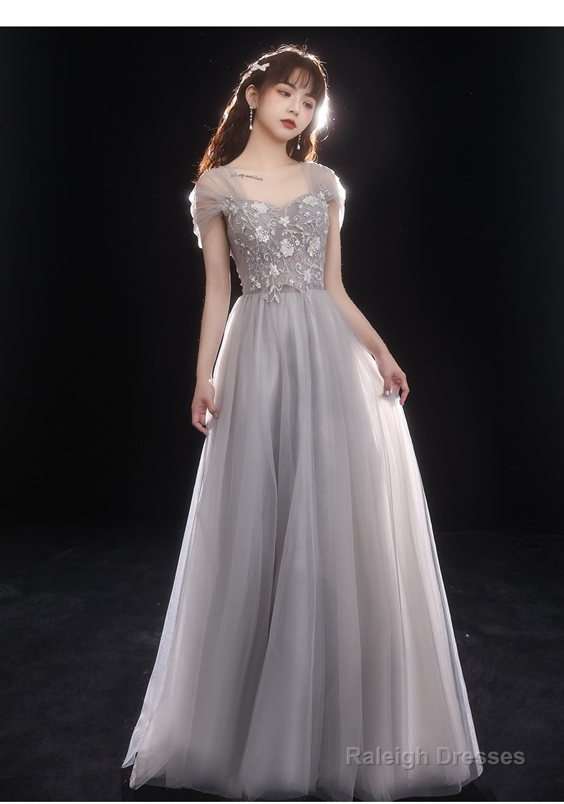Light Grey Beaded Off Shoulder Tulle A-Line Junior Prom Dress, Grey Long Evening Dress Main image