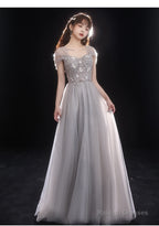 Light Grey Beaded Off Shoulder Tulle A-Line Junior Prom Dress, Grey Long Evening Dress