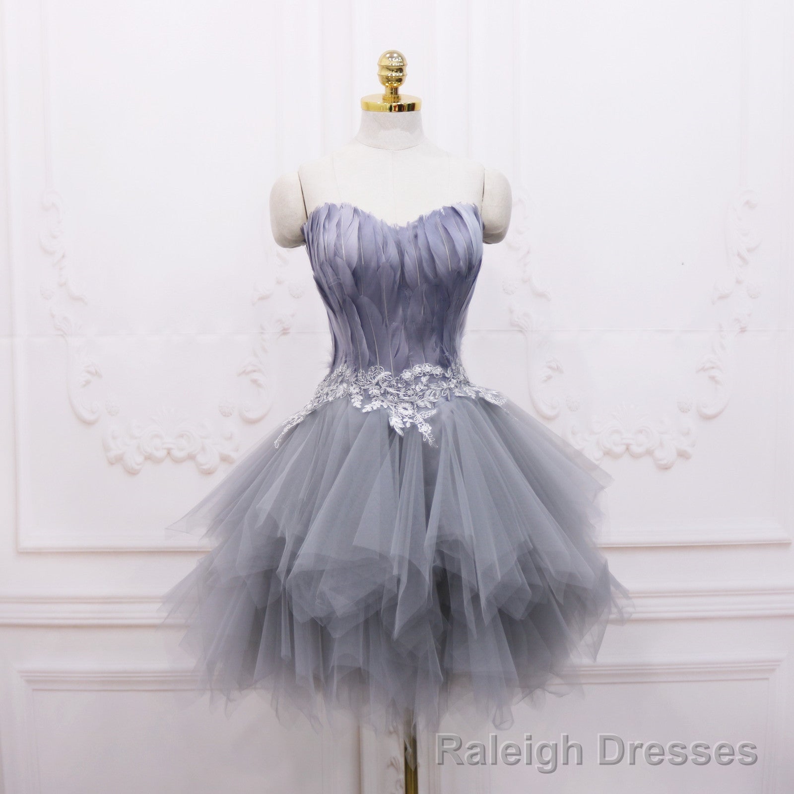 Light Grey Feather and Tulle Short Party Dress, Lovely Homecoming Dress Main image