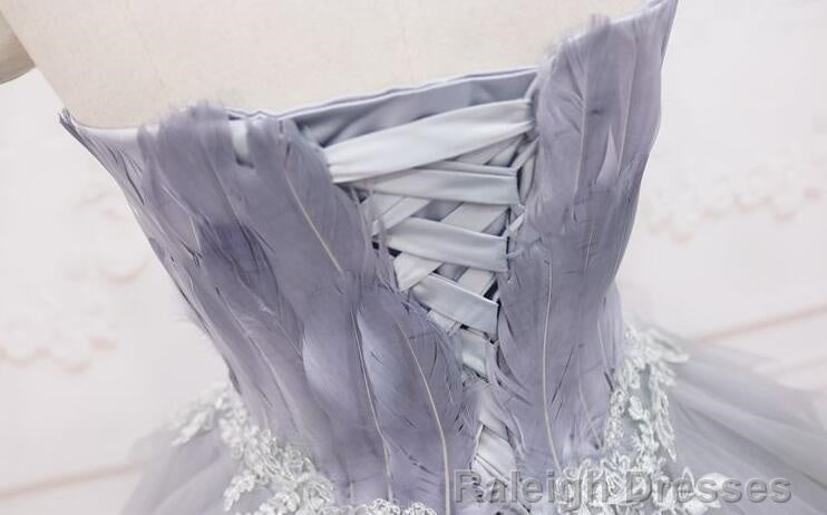 Light Grey Feather and Tulle Short Prom Dress, Lovely Homecoming Dress