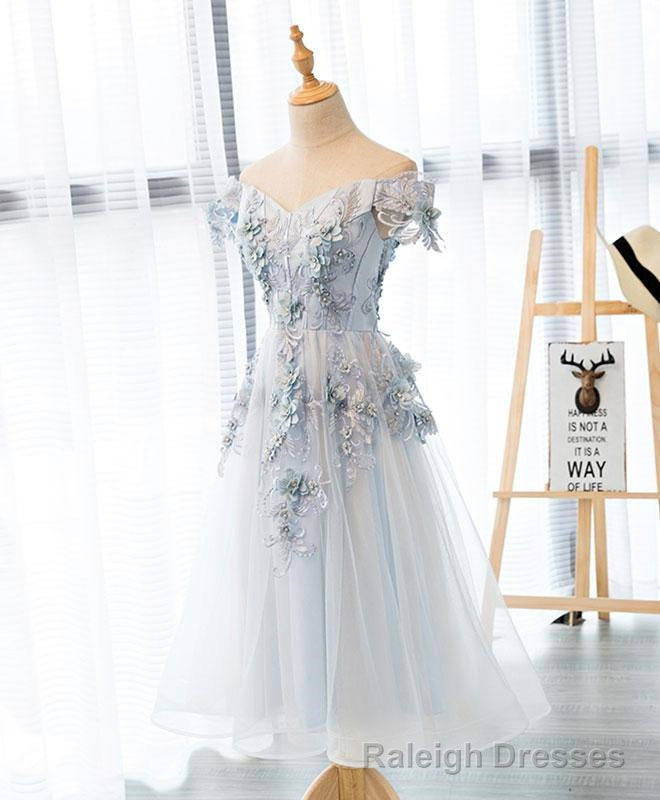 Light Grey Flowers Lace Off Shoulder Short Prom Dress, Light Grey Formal Dresses