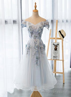 Light Grey Flowers Lace Off Shoulder Short Prom Dress, Light Grey Formal Dresses