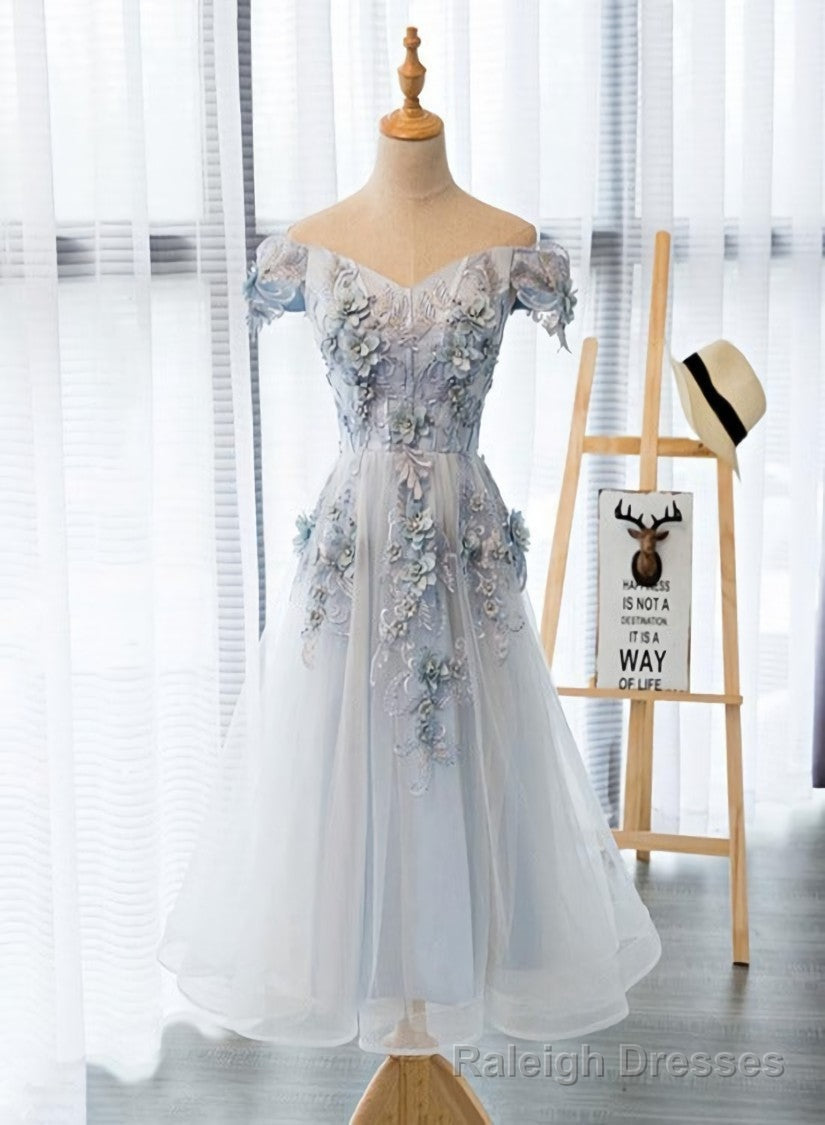Light Grey Flowers Lace Off Shoulder Short Prom Dress, Light Grey Formal Dresses