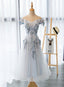 Light Grey Flowers Lace Off Shoulder Short Prom Dress, Light Grey Formal Dresses