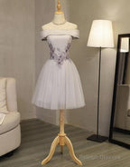 Light Grey Formal Dress, Off Shoulder Knee Length Prom Dress, Party Dress
