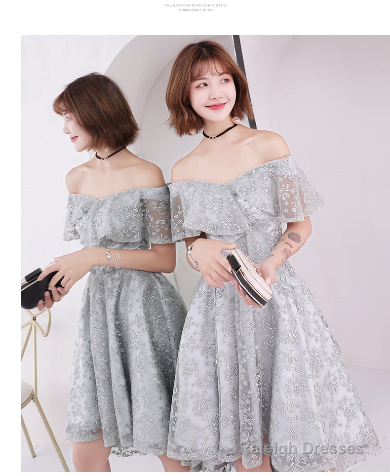 Light Grey Lace High Low Off Shoulder Homecoming Dress, Sliver-Grey Short Prom Dresses Secondary image