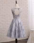Light Grey Short Tulle With Applique Prom Dresses Beautiful Homecoming Dress