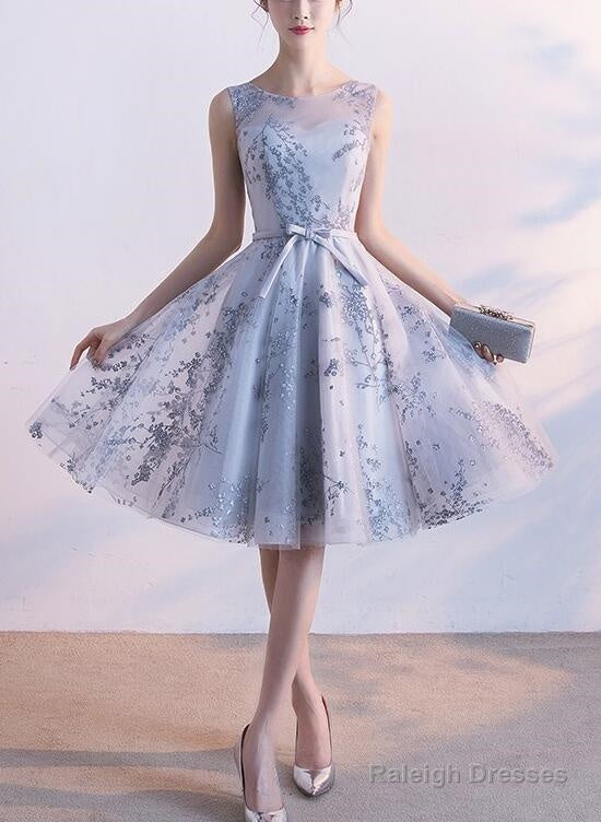 Light Grey Short Tulle With Applique Party Dress, Beautiful Homecoming Dresses Main image