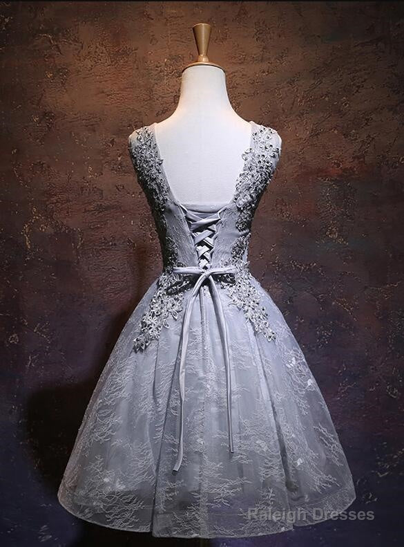 Light Grey Short V-Neckline Lace Applique Prom Dresses Grey Homecoming Dresses Secondary image