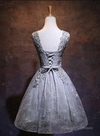 Light Grey Short V-Neckline Lace Applique Prom Dresses Grey Homecoming Dresses