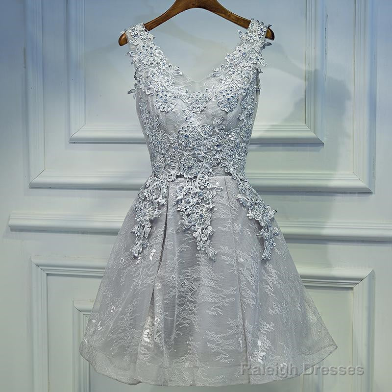 Light Grey Short V-Neckline Lace Applique Party Dress, Grey Homecoming Dress Main image