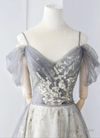 Light Grey Tulle A-Line Straps Long Party Dress, Grey Tulle Evening Dress