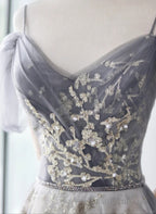 Light Grey Tulle A-Line Straps Long Party Dress, Grey Tulle Evening Dress