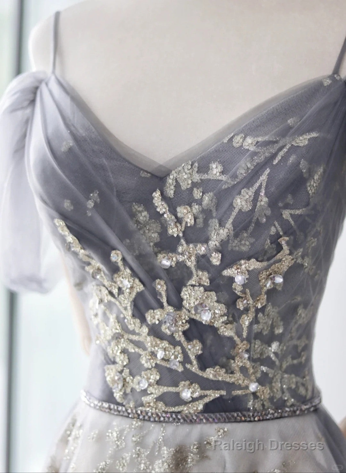 Light Grey Tulle A-Line Straps Long Party Dress, Grey Tulle Evening Dress