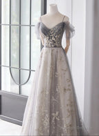 Light Grey Tulle A-Line Straps Long Party Dress, Grey Tulle Evening Dress