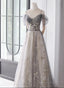 Light Grey Tulle A-Line Straps Long Party Dress, Grey Tulle Evening Dress