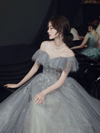 Light Grey Tulle A-Line Sweetheart Prom Dress, Grey Off Shoulder Party Dresses