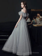 Light Grey Tulle A-Line Sweetheart Prom Dress, Grey Off Shoulder Party Dresses