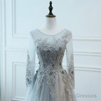 Light Grey Tulle Long Sleeves A-line Prom Dress, Grey Party Dress Formal Dress