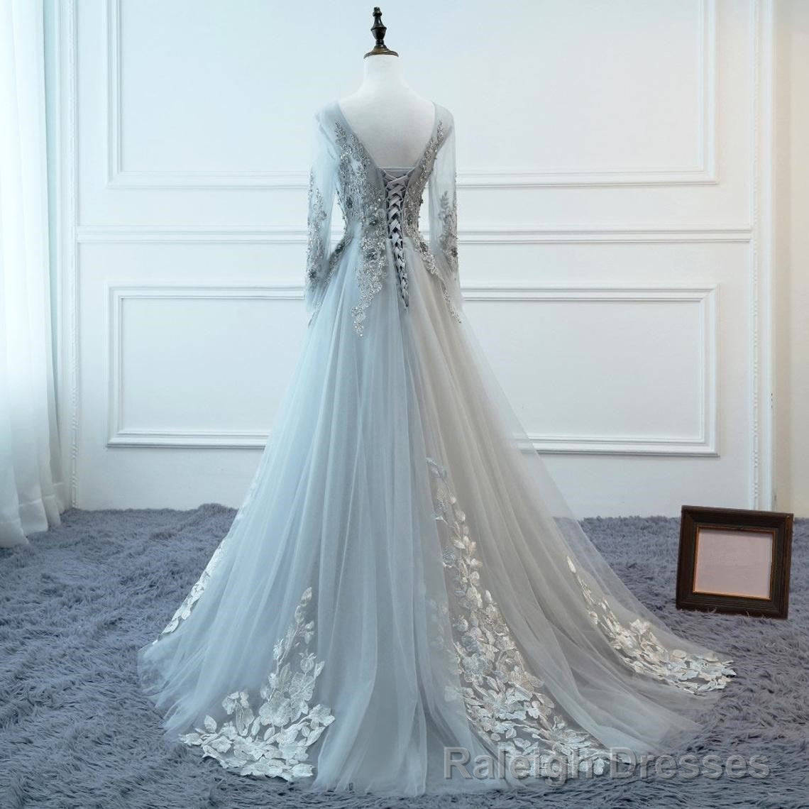 Light Grey Tulle Long Sleeves A Line Prom Dress, Grey Prom Dress Formal Dress Secondary image
