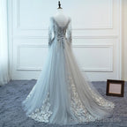 Light Grey Tulle Long Sleeves A Line Prom Dress, Grey Prom Dress Formal Dress