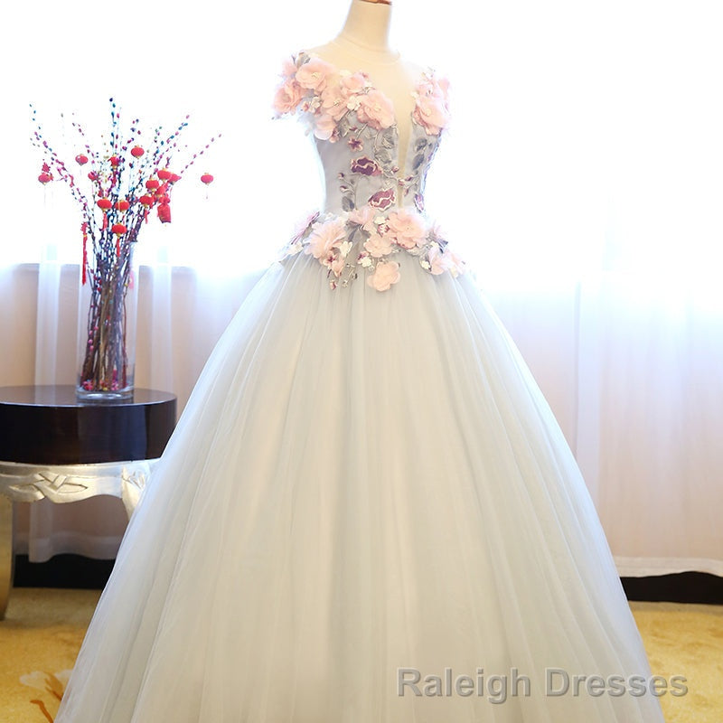 Light Grey Tulle Prom Dress, Grey Sweet 16 Flowers Gowns
