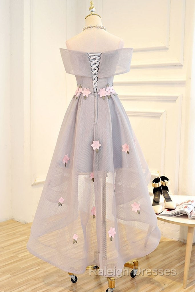 Light Grey Tulle With Flowers High Low Fashionable Party Dress,  Grey Homecoming Dresses