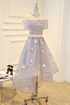 Light Grey Tulle With Flowers High Low Fashionable Prom Dresses Grey Homecoming Dress