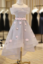 Light Grey Tulle With Flowers High Low Fashionable Party Dress,  Grey Homecoming Dresses