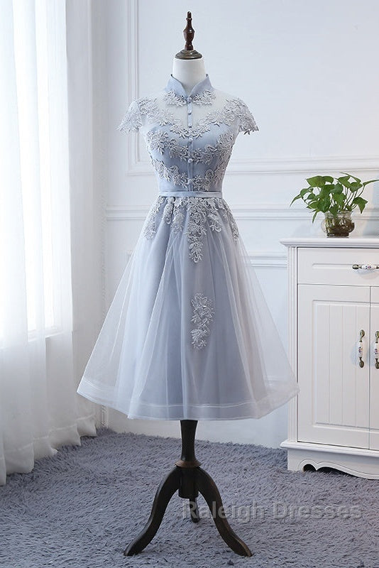 Light Grey Tulle With Lace Short Party Dress Homecoming Dress, Cap Sleeves Formal Dress