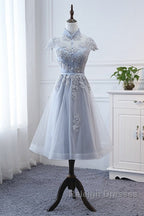 Light Grey Tulle With Lace Short Prom Dresses Homecoming Dresses Cap Sleeves Prom Dresses