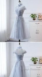 Light Grey Tulle With Lace Short Party Dress Homecoming Dress, Cap Sleeves Formal Dress