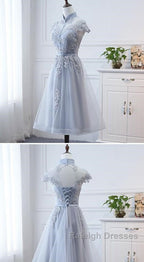 Light Grey Tulle With Lace Short Prom Dresses Homecoming Dresses Cap Sleeves Prom Dresses