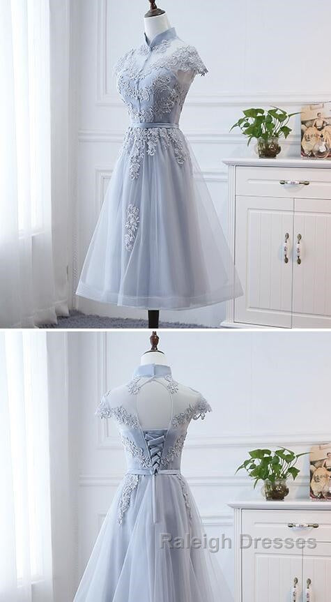 Light Grey Tulle With Lace Short Prom Dresses Homecoming Dresses Cap Sleeves Prom Dresses