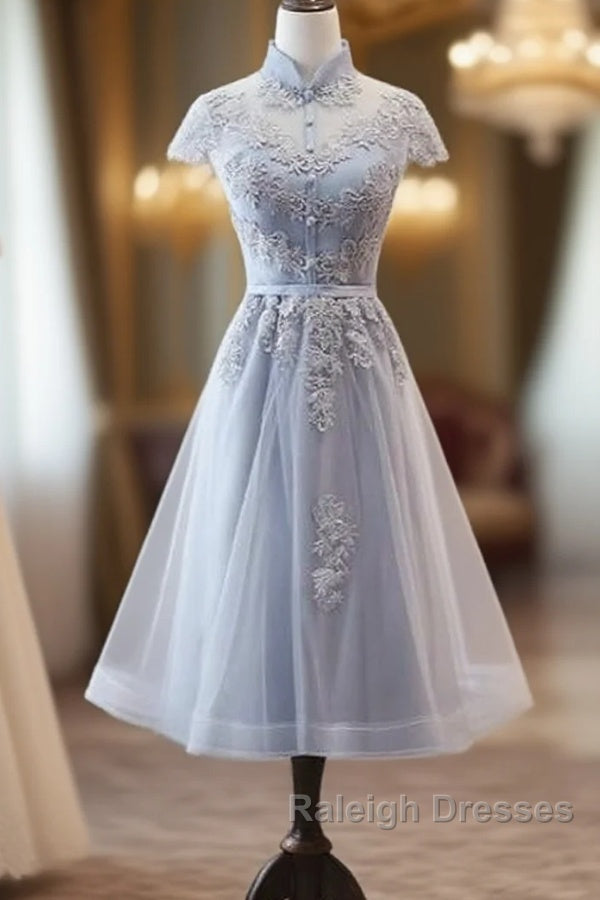 Light Grey Tulle With Lace Short Prom Dresses Homecoming Dresses Cap Sleeves Prom Dresses Main image