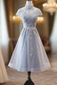 Light Grey Tulle With Lace Short Prom Dresses Homecoming Dresses Cap Sleeves Prom Dresses
