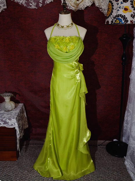 Light Luxury Retro Halterneck Sleeveless Three-dimensional Flower Backless Long Prom Dress