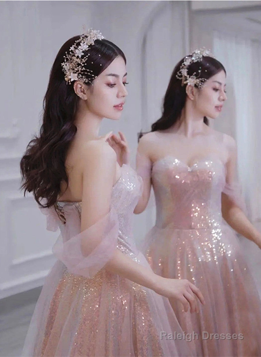 Light Pink And Sequins Sweetheart Long Formal Dress, Pink Evening Party Dress Main image