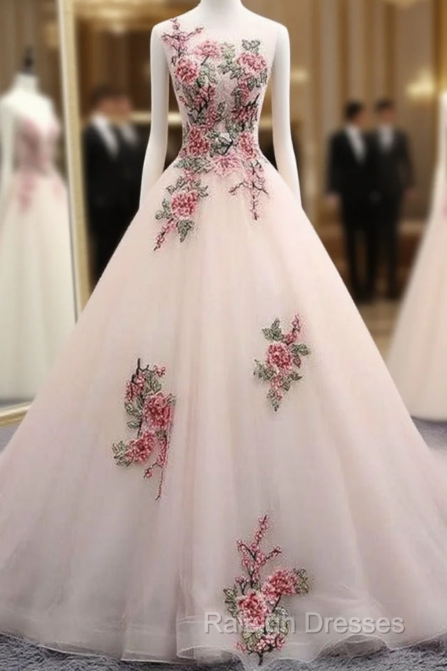 Light Pink Ball Gown Quinceanera Dresses With Flowers Embroidery Pink Tulle And Organza Prom Dresses