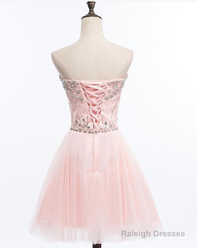 Light Pink Beaded Tulle And Lace Sweetheart Homecoming Dress, Pink Tulle Prom Dress