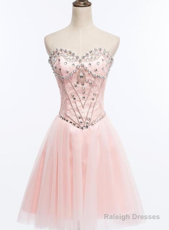 Light Pink Beaded Tulle And Lace Sweetheart Homecoming Dresses Pink Tulle Prom Dresses