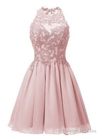 Light Pink Halter Chiffon Lace Applique Prom Dresses Handmade Prom Dresses