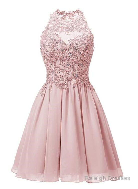 Light Pink Halter Chiffon Lace Applique Prom Dresses Handmade Prom Dresses