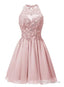 Light Pink Halter Chiffon Lace Applique Prom Dresses Handmade Prom Dresses